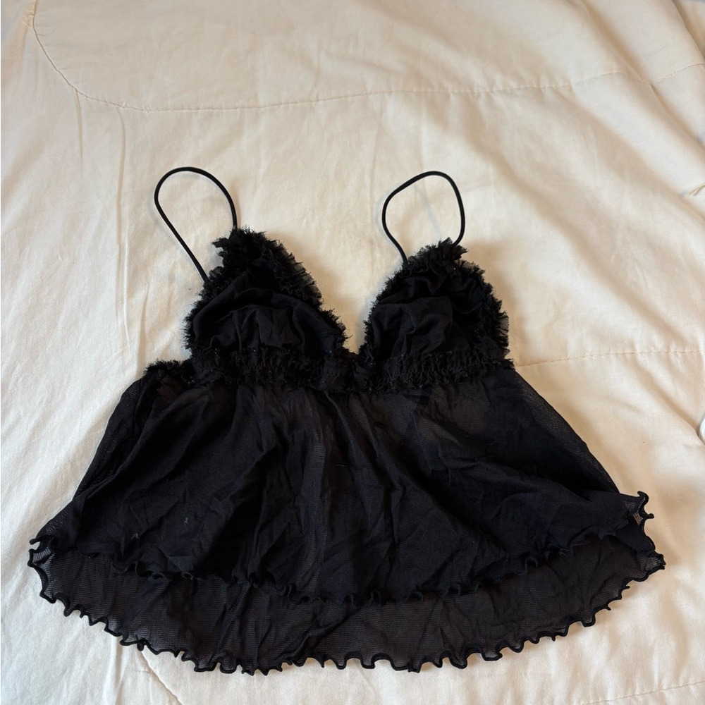 Black Ruffled Lace Trim Camisole Top